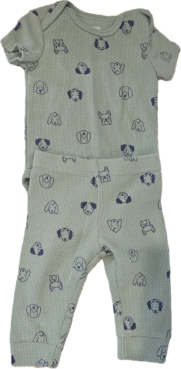 Pekkle Green with Dogs Two Piece Onesie and Pants 6m